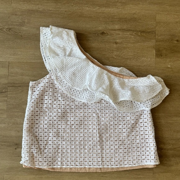 J. Crew One Shoulder Ruffle Eyelet White Statement Blouse Top SZ 12 - Picture 3 of 11